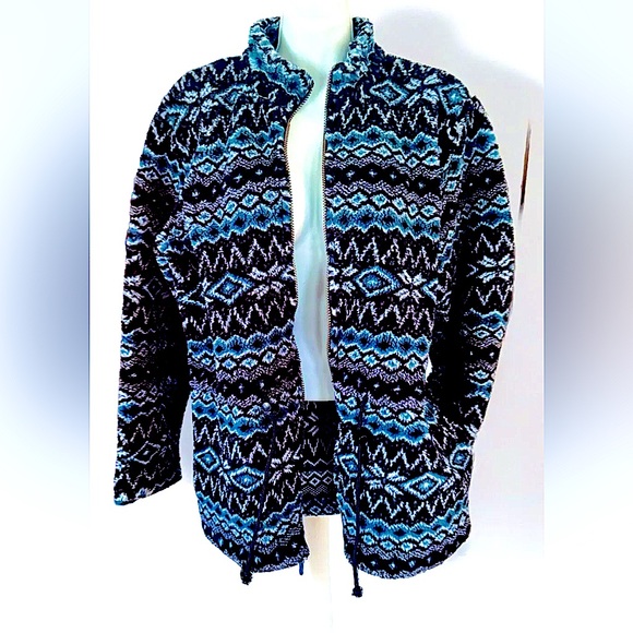 ❄️DENIM & Co❄️ NORDIC STRIPE PRINT TOGGLE DRAWSTRING WAIST FLEECE PARKA JACKET☃️ - Picture 4 of 13